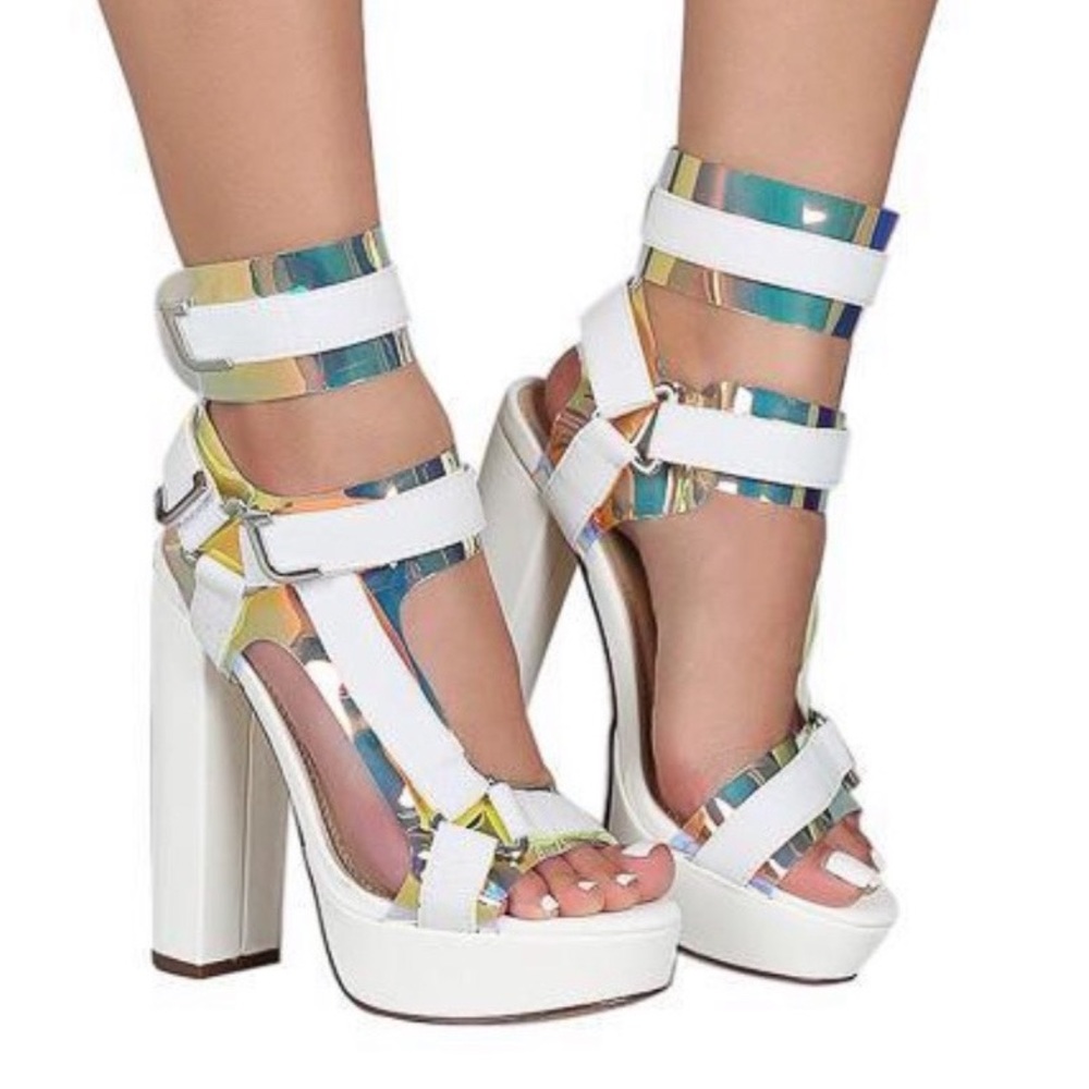 🔥🔥White Hologram Strappy Open Toe Chunky Heels